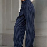 Gestreepte Plissé Pantalon Voor Vrouwen – Luchtig Polyester, Elegante Stijl & Ideaal Voor Zomerse Soirees.