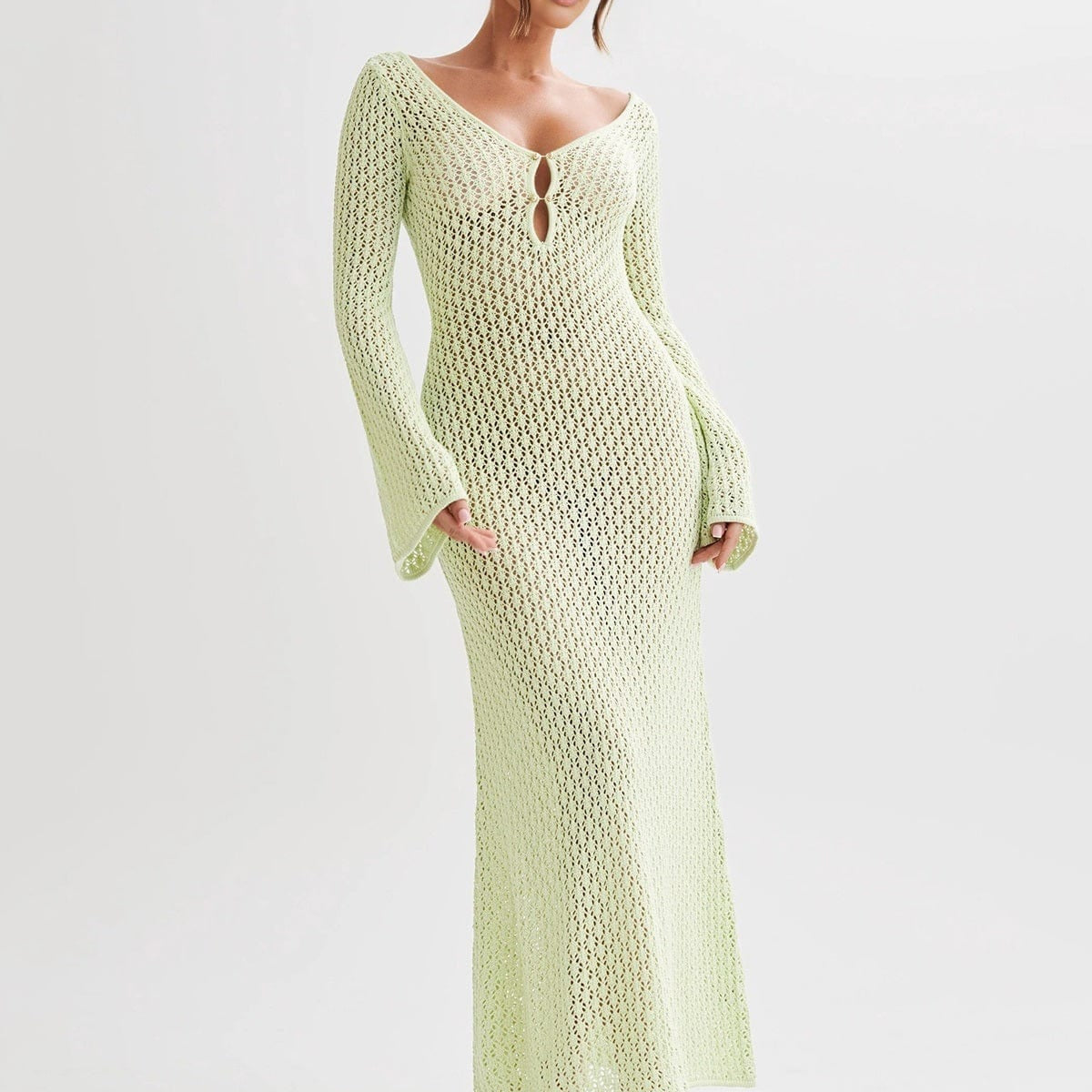 Greta | V-hals Gehaakt Maxikleed met Belmouwen – Boho-Chic voor de Zomer