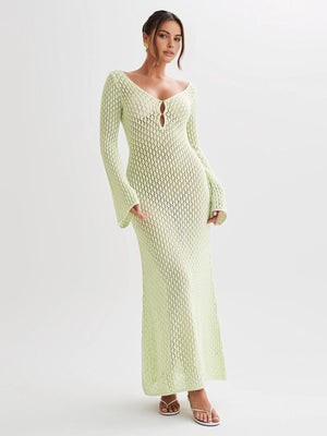 Greta | V-hals Gehaakt Maxikleed met Belmouwen – Boho-Chic voor de Zomer