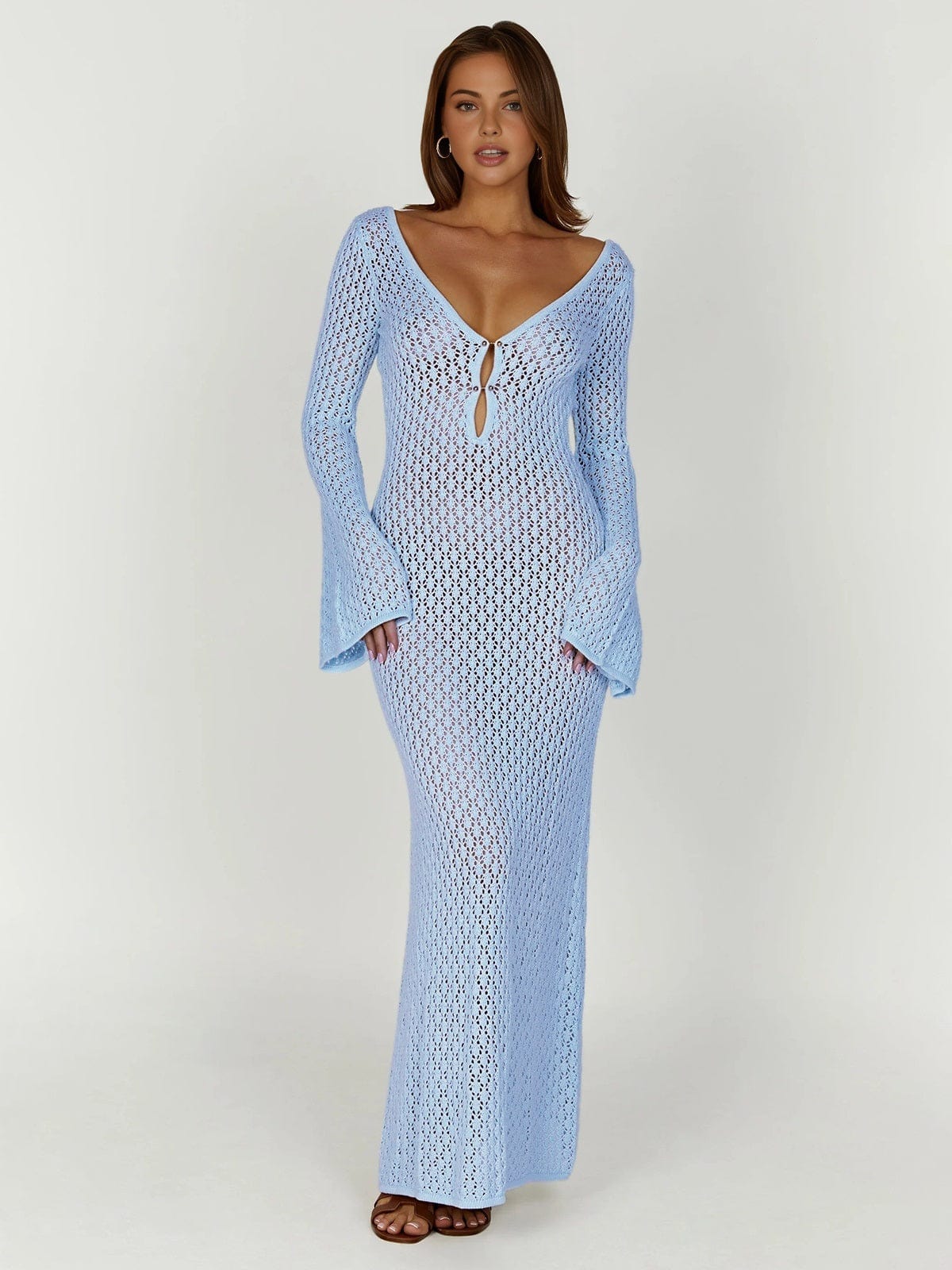Greta | V-hals Gehaakt Maxikleed met Belmouwen – Boho-Chic voor de Zomer