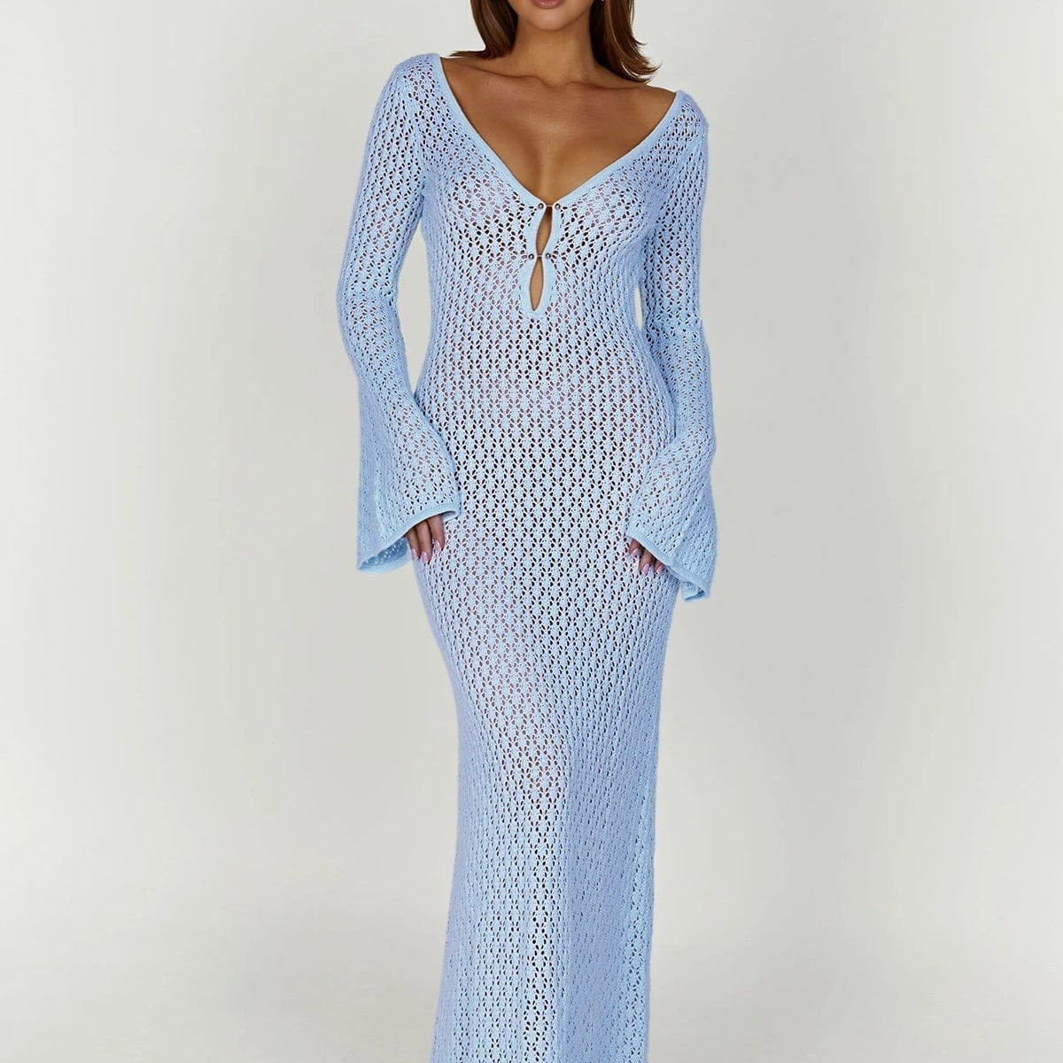 Greta | V-hals Gehaakt Maxikleed met Belmouwen – Boho-Chic voor de Zomer