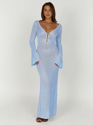 Greta | V-hals Gehaakt Maxikleed met Belmouwen – Boho-Chic voor de Zomer
