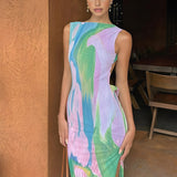 Isla | Mouwloze Maxi-jurk met Waterverfprint – Kunstzinnige Elegantie
