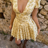 Magdalena | Puffärmel Bodycon Jurk met Gele Bloemen