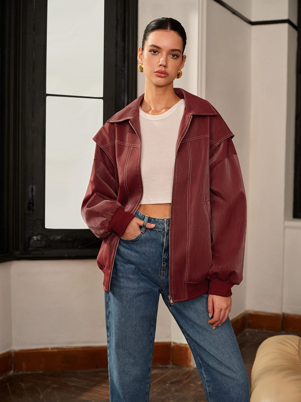 Amelie | Bordeauxrode Jas met Sportieve Accent