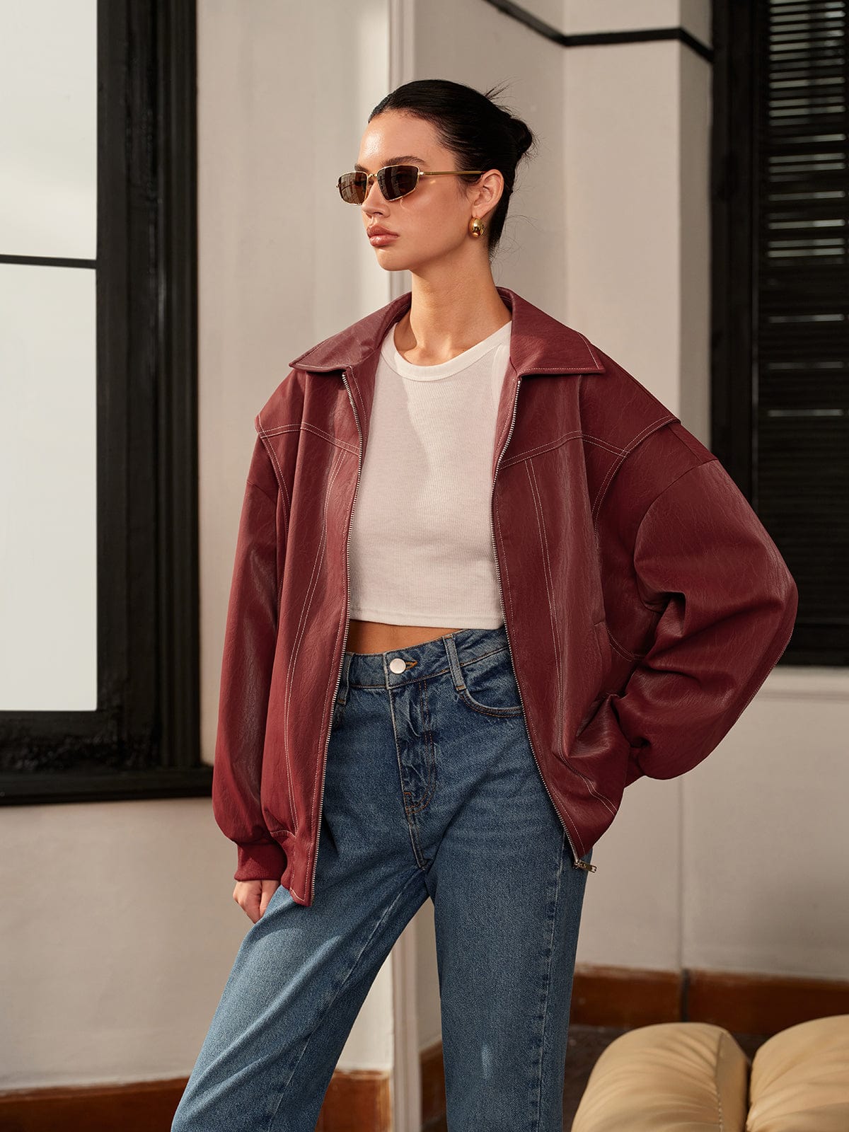 Amelie | Bordeauxrode Jas met Sportieve Accent