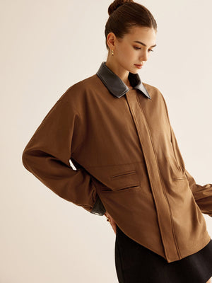 Amber | Oversized Jack in Camel met Lederen Details