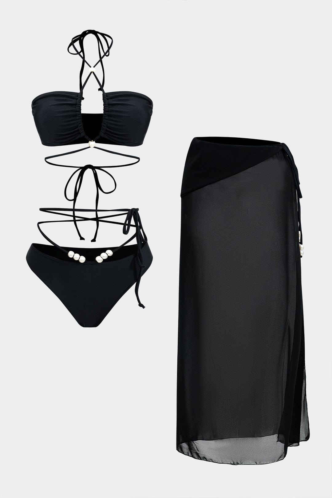 Meredith | Drie-delig Bikini-set met Wikkelband-Design, Pareldetails en Transparante Pareo