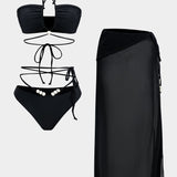 Meredith | Drie-delig Bikini-set met Wikkelband-Design, Pareldetails en Transparante Pareo