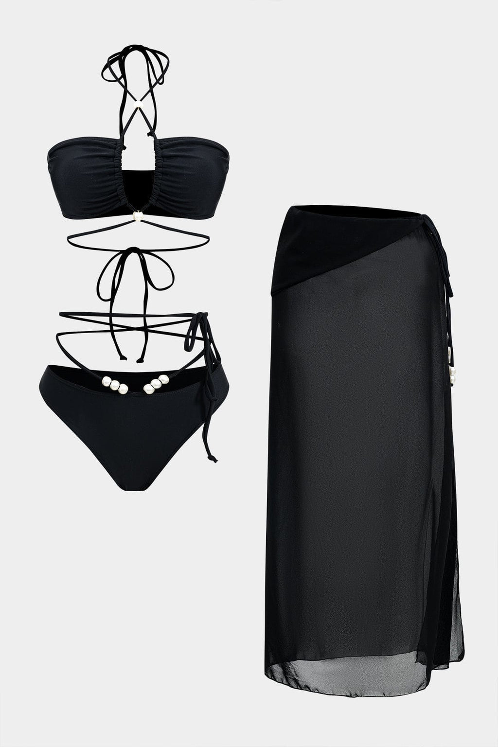 Meredith | Drie-delig Bikini-set met Wikkelband-Design, Pareldetails en Transparante Pareo