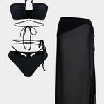 Meredith | Drie-delig Bikini-set met Wikkelband-Design, Pareldetails en Transparante Pareo