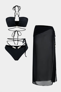 Meredith | Drie-delig Bikini-set met Wikkelband-Design, Pareldetails en Transparante Pareo