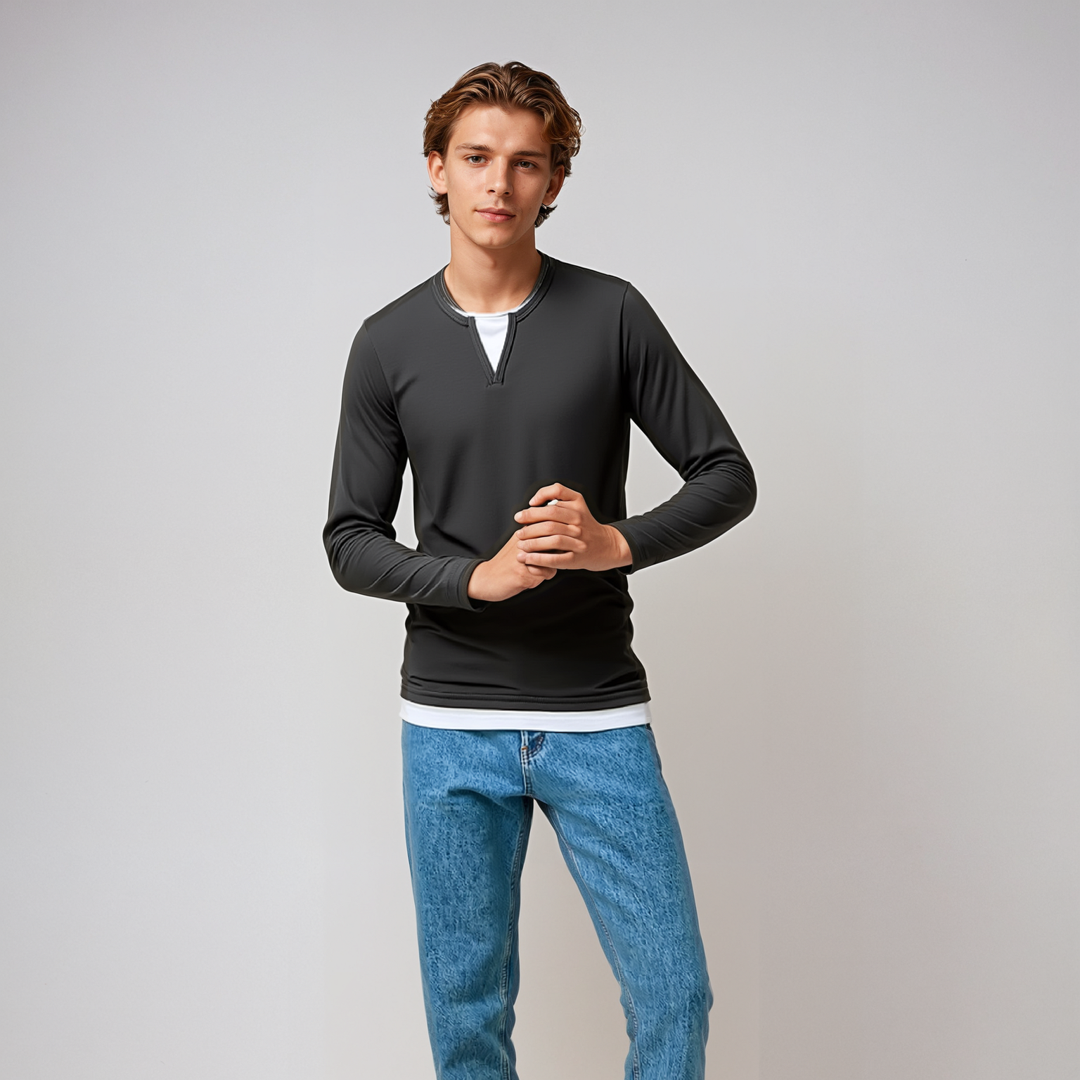 Casual™ Heren Longsleeve met V-Hals