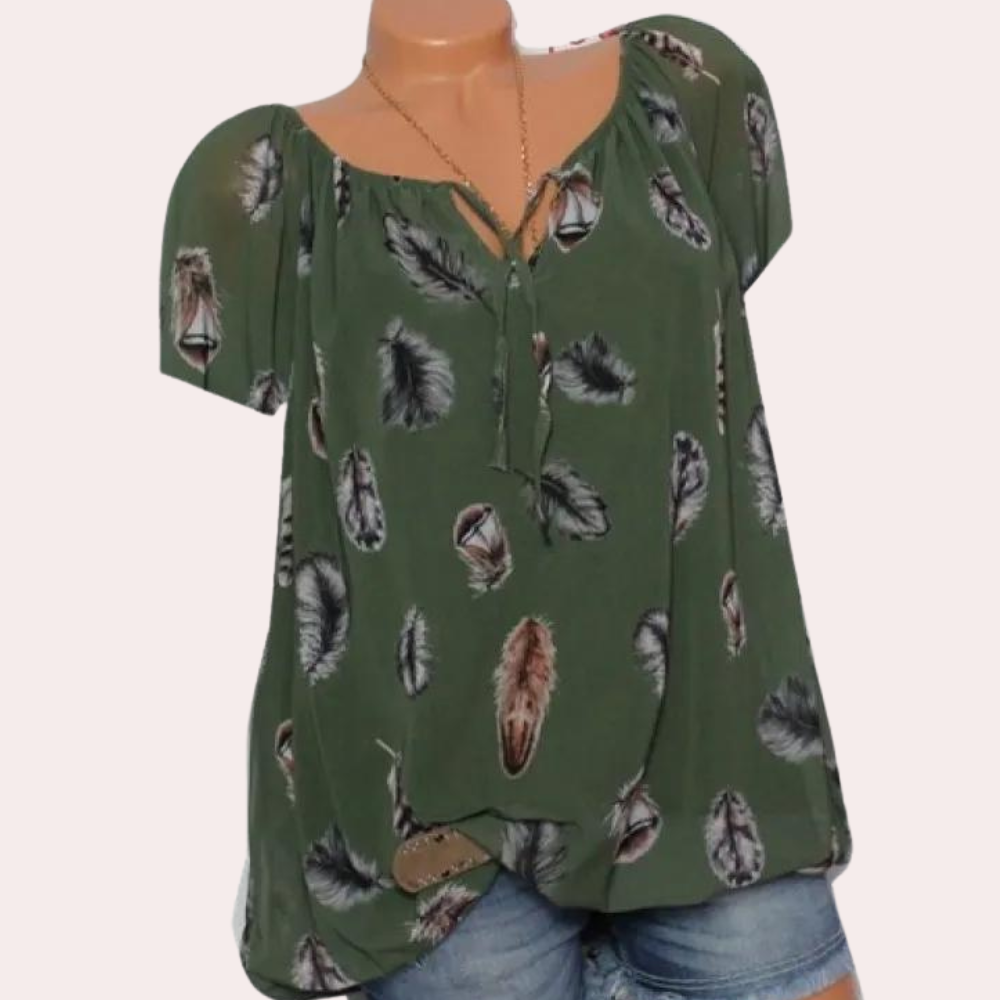 Megan™ Dames Off-Shoulder Top met Veerprint