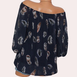 Megan™ Dames Off-Shoulder Top met Veerprint
