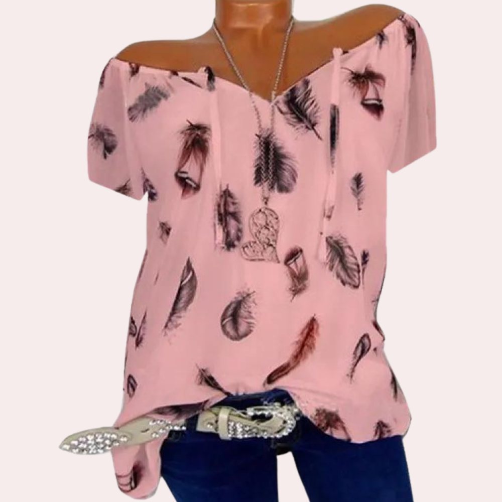 Megan™ Dames Off-Shoulder Top met Veerprint