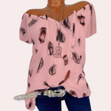 Megan™ Dames Off-Shoulder Top met Veerprint