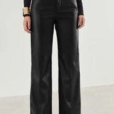 Dames Leren Broek – High-Waist Broek met Wijde Pijpen, Volledige Lengte & Zakken