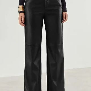 Dames Leren Broek – High-Waist Broek met Wijde Pijpen, Volledige Lengte & Zakken
