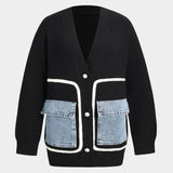 Ella | Zwarte gebreide cardigan met denim patches – De perfecte mix van comfort en stijl