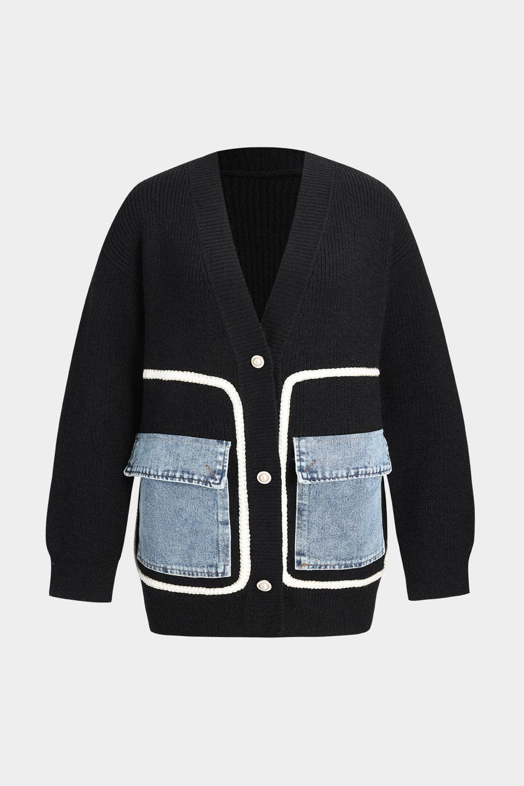 Ella | Zwarte gebreide cardigan met denim patches – De perfecte mix van comfort en stijl