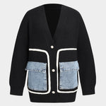 Ella | Zwarte gebreide cardigan met denim patches – De perfecte mix van comfort en stijl