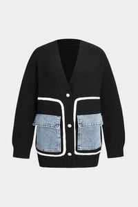 Ella | Zwarte gebreide cardigan met denim patches – De perfecte mix van comfort en stijl