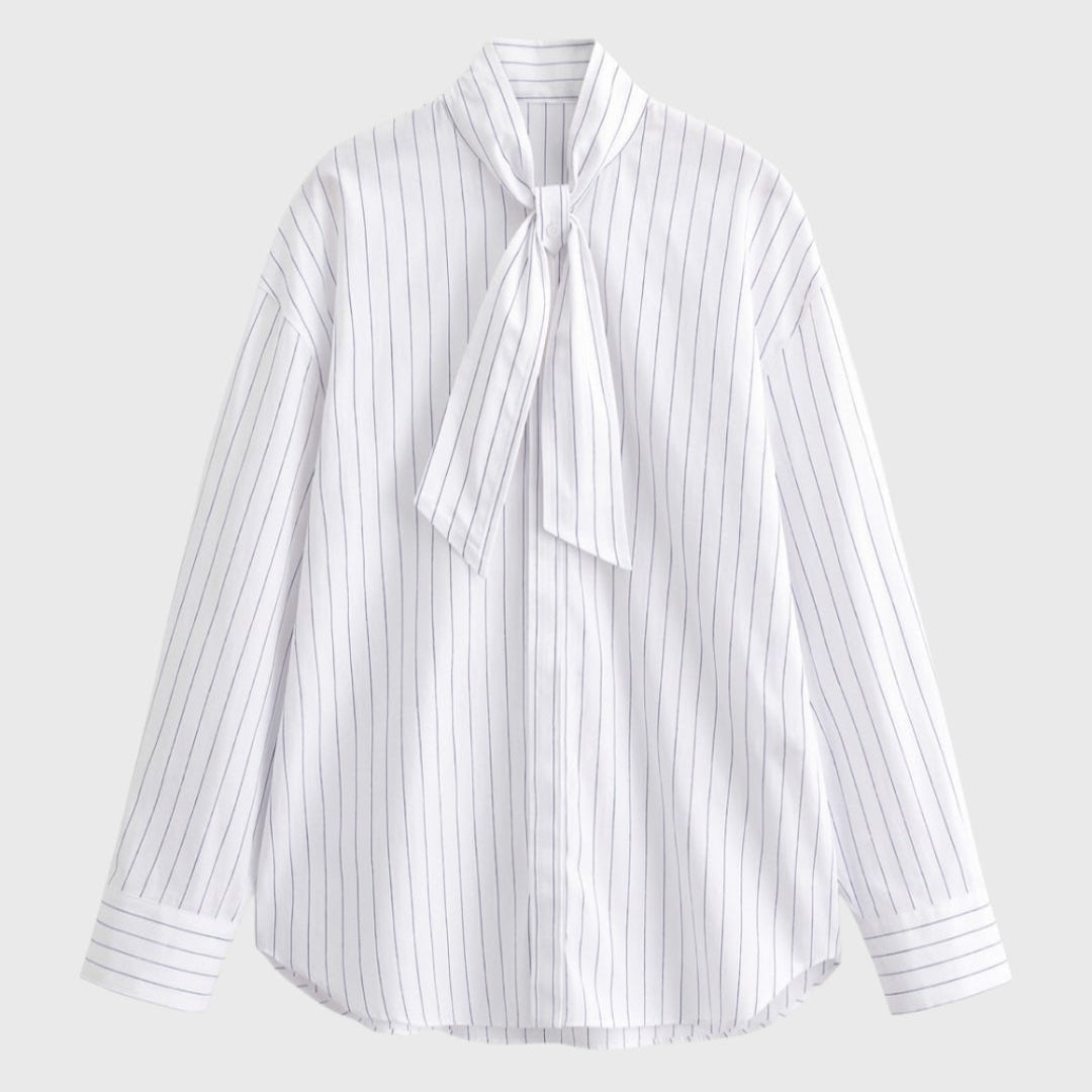 Elegante gestreepte damesblouse met volant en lange mouwen