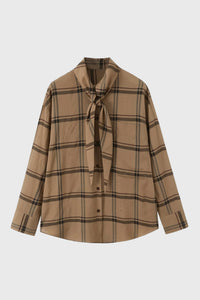 Elegante geruite damesblouse met strik en lange mouwen