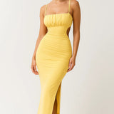 Gele Bodycon Midi Jurk met Bandjes