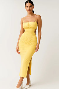 Gele Bodycon Midi Jurk met Bandjes