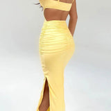 Gele Bodycon Midi Jurk met Bandjes