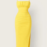 Gele Bodycon Midi Jurk met Bandjes