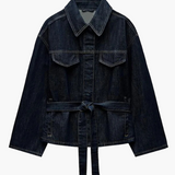 Dames-Denim-Set – Elegante Taillierte Jeansjacke met Ceintuur & Wijde High-Waist Broek