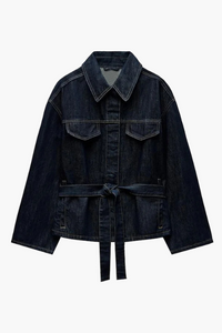 Dames-Denim-Set – Elegante Taillierte Jeansjacke met Ceintuur & Wijde High-Waist Broek