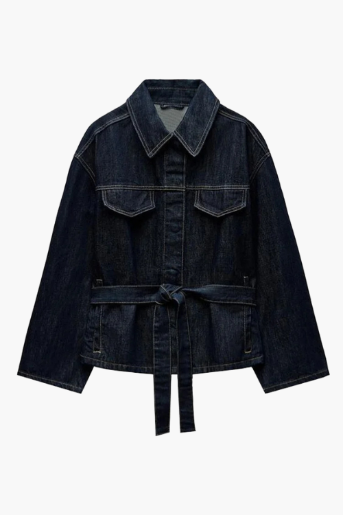 Dames-Denim-Set – Elegante Taillierte Jeansjacke met Ceintuur & Wijde High-Waist Broek