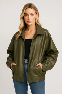 Dames Leren Look Jas met Rits en Relaxte Pasvorm