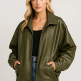 Dames Oversized Imitatie Leren Jas Met Rits