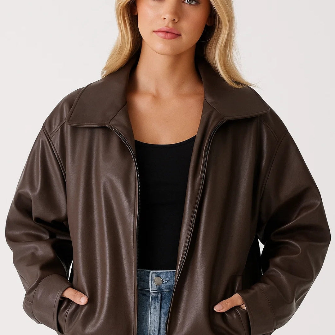 Dames Oversized Imitatie Leren Jas Met Rits