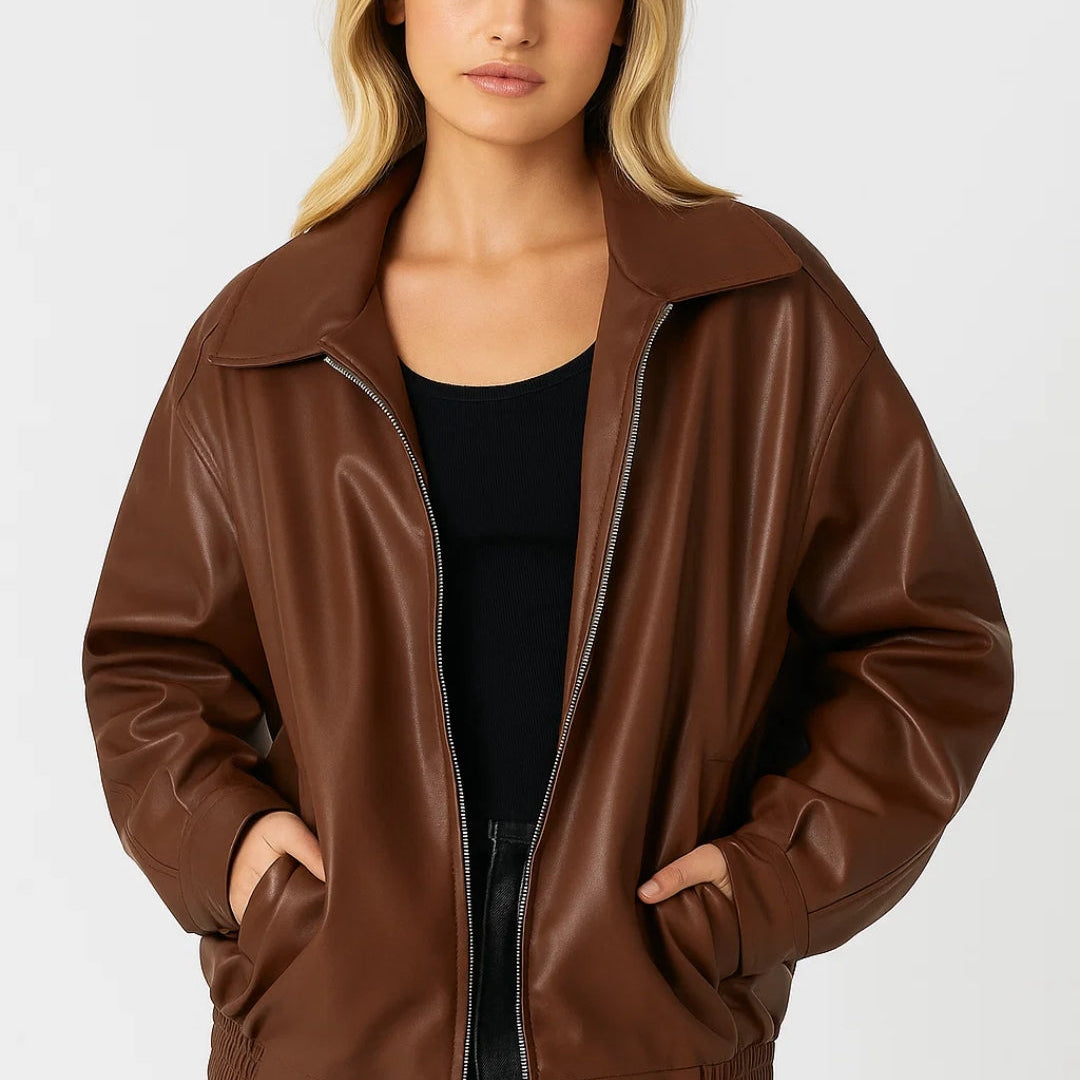 Dames Oversized Imitatie Leren Jas Met Rits