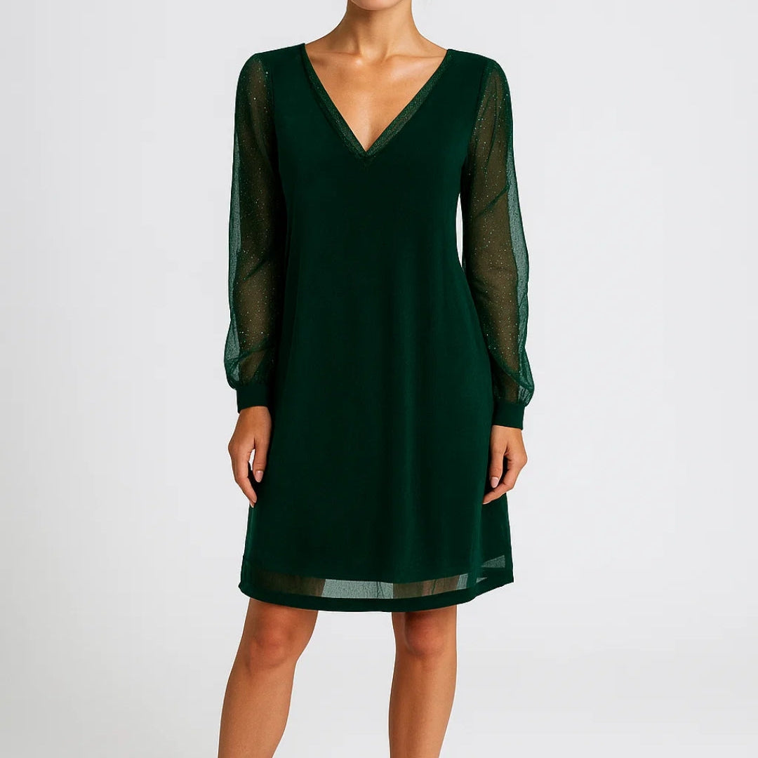 Elegante Midi Jurk met V Hals en Transparante Mouwen