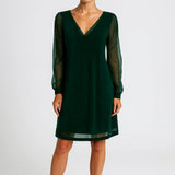 Elegante Midi Jurk met V Hals en Transparante Mouwen