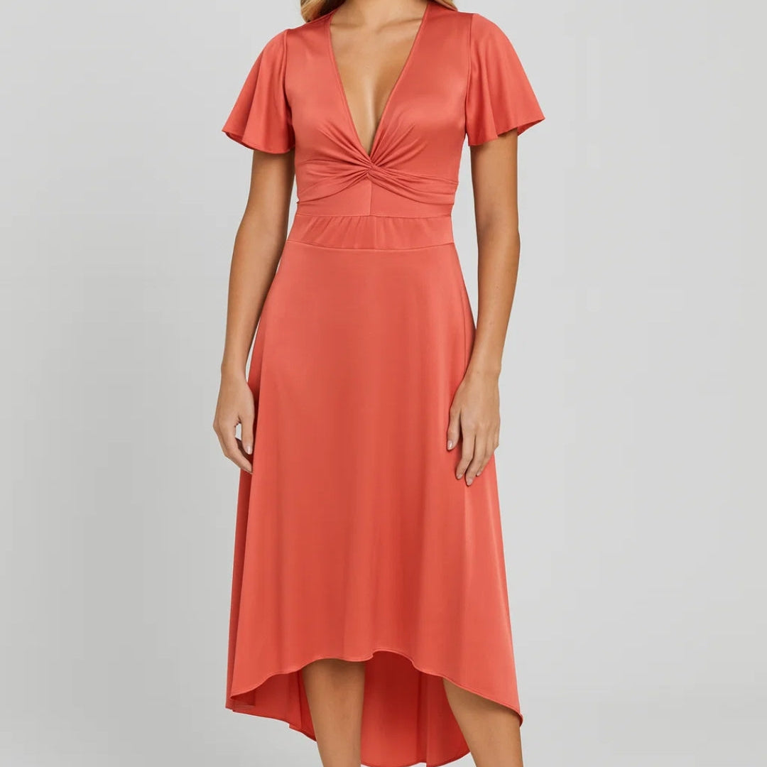 Elegante Midi Jurk met Gedrapeerd Detail en Korte Mouwen