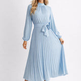 Elegante Midi Jurk met Plooien en Tailleband en Lange Mouwen
