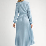 Elegante Midi Jurk met Plooien en Tailleband en Lange Mouwen