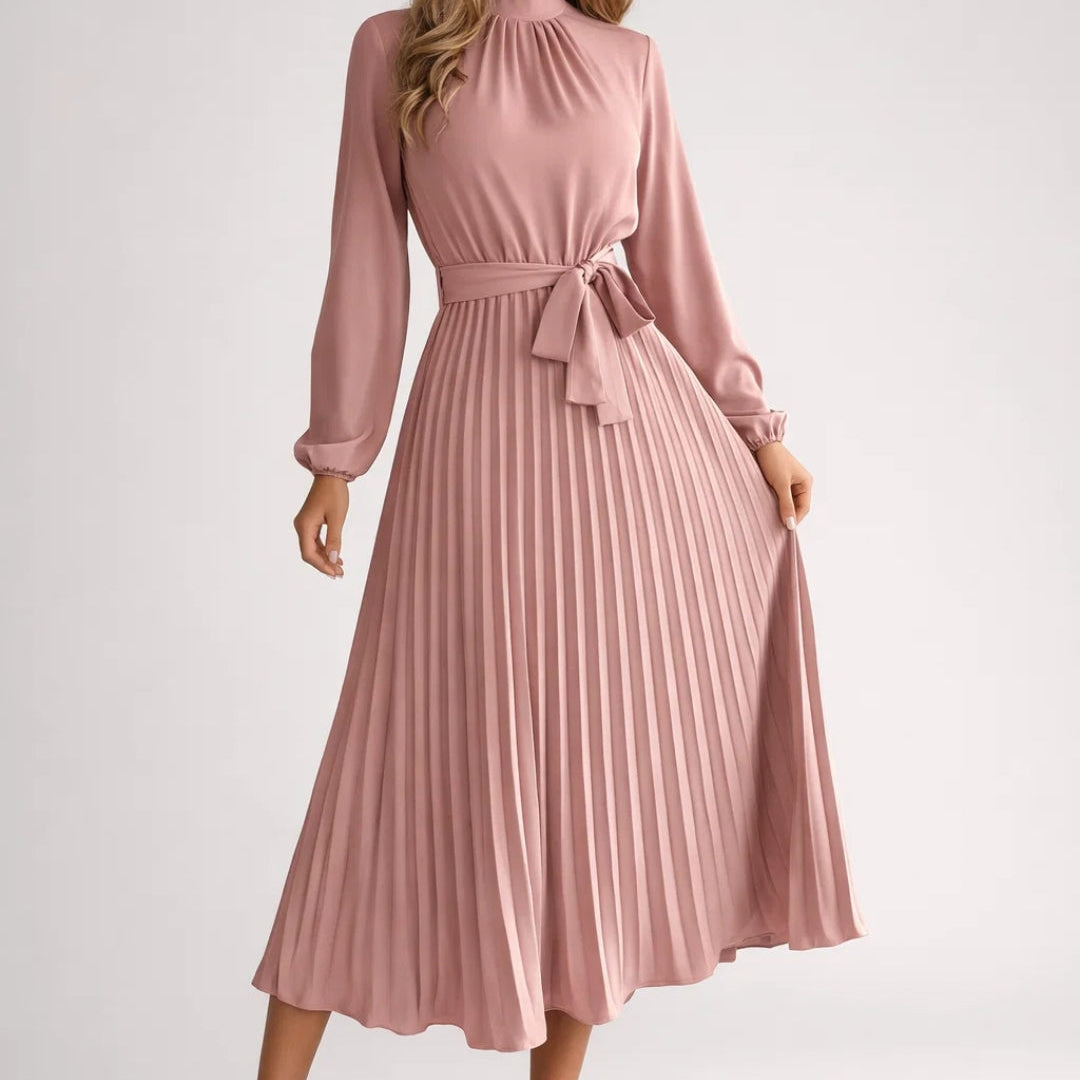 Elegante Midi Jurk met Plooien en Tailleband en Lange Mouwen