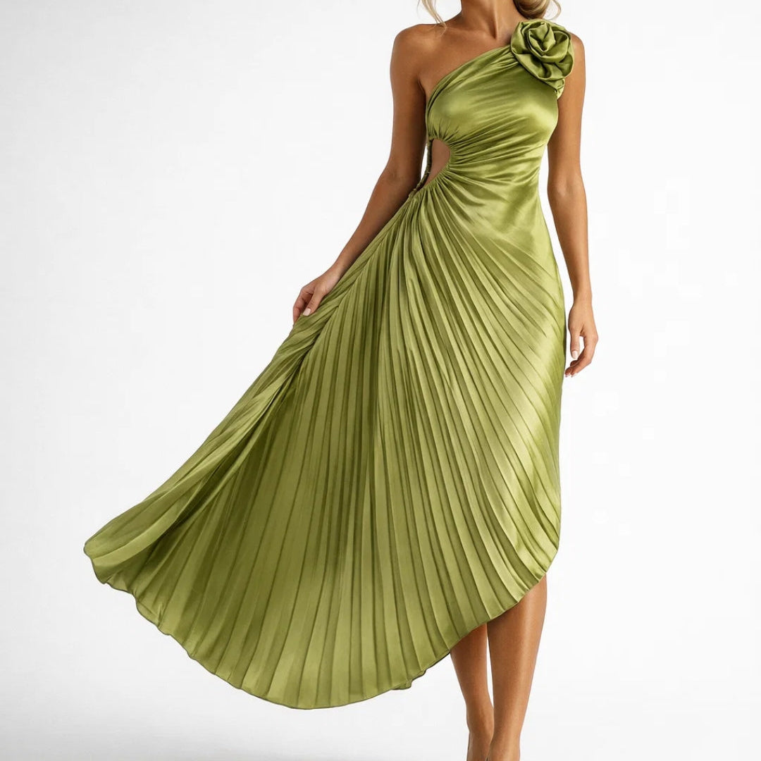Dames One Shoulder Midi Jurk Met Plooien