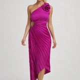 Dames One Shoulder Midi Jurk Met Plooien