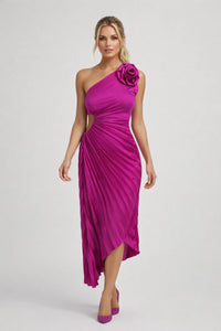 Dames One Shoulder Midi Jurk Met Plooien