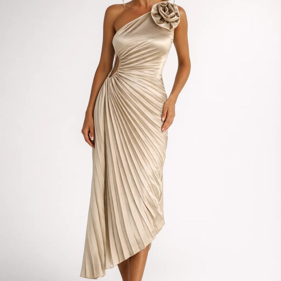 Dames One Shoulder Midi Jurk Met Plooien